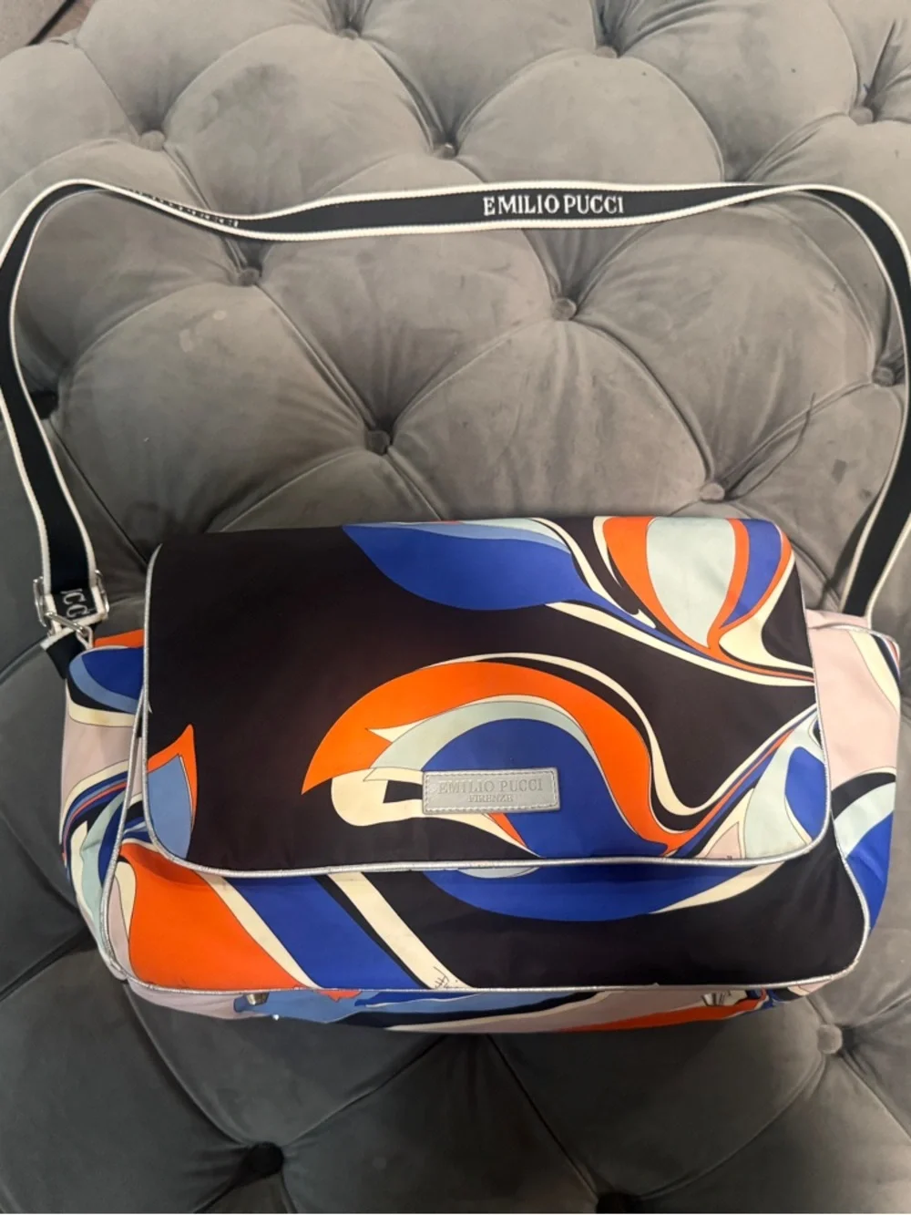 Emilio Pucci Black Diaper Bag with Blue & Orange Swirl Print